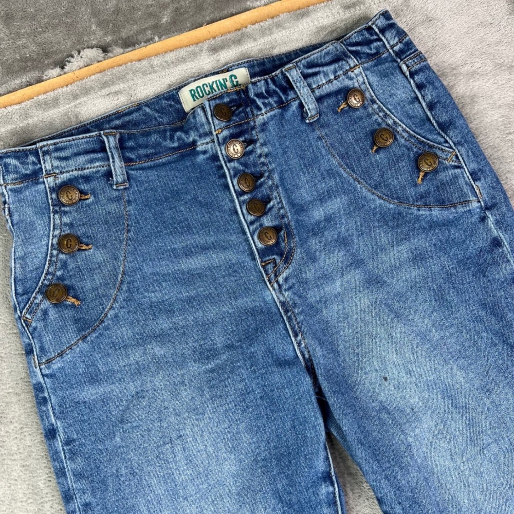 Rockin C Flare Jeans Womens 27 Blue Solid Stretch Sailor Button Fly High Rise